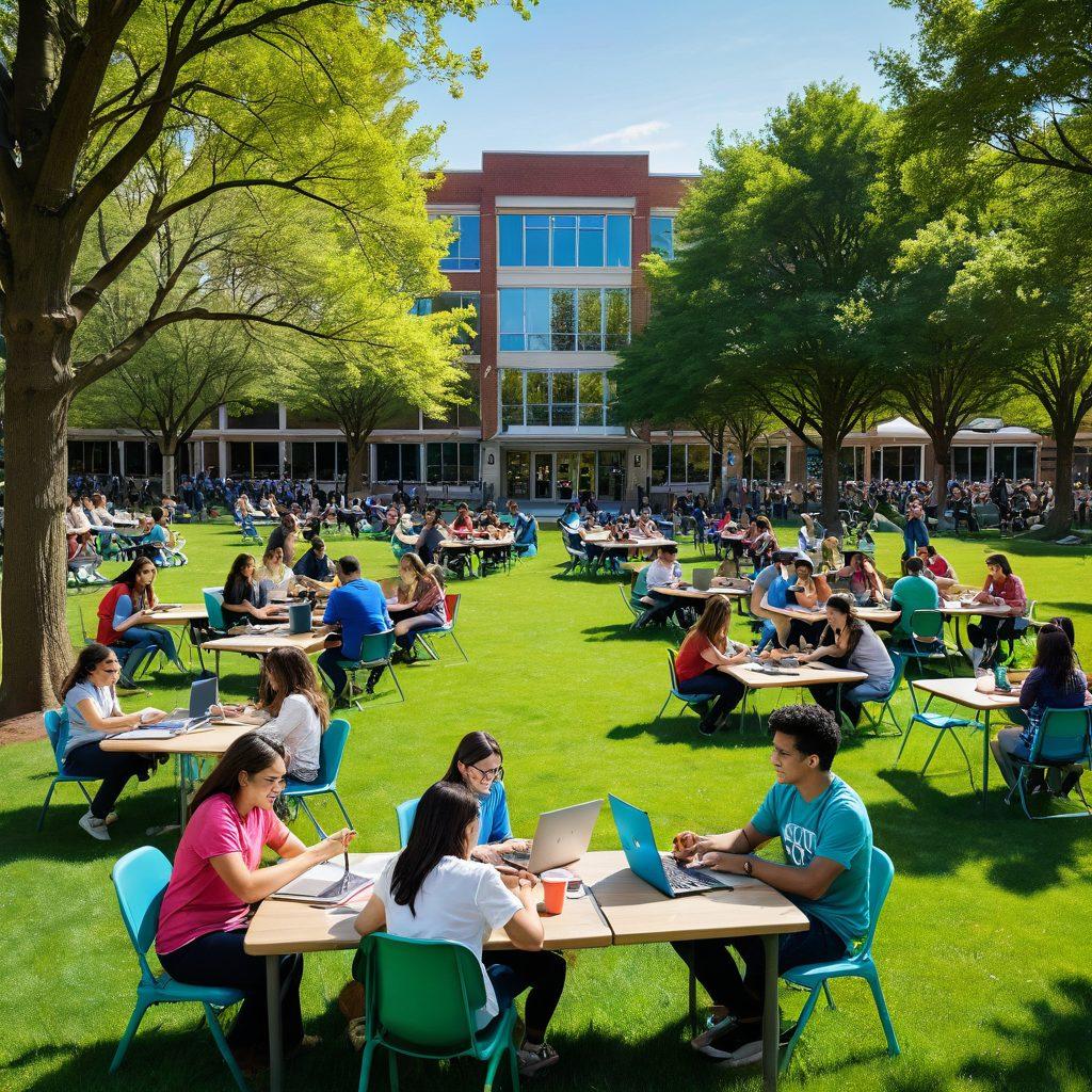 A joyful university campus scene featuring diverse students engaging in various activities like studying, socializing, and participating in events. Include vibrant banners with motivational sayings around the campus, showcasing a sunny day and green spaces. Emphasize a sense of community and cheerful interactions among students, with items like books, laptops, and coffee cups. super-realistic. vibrant colors. 3D.