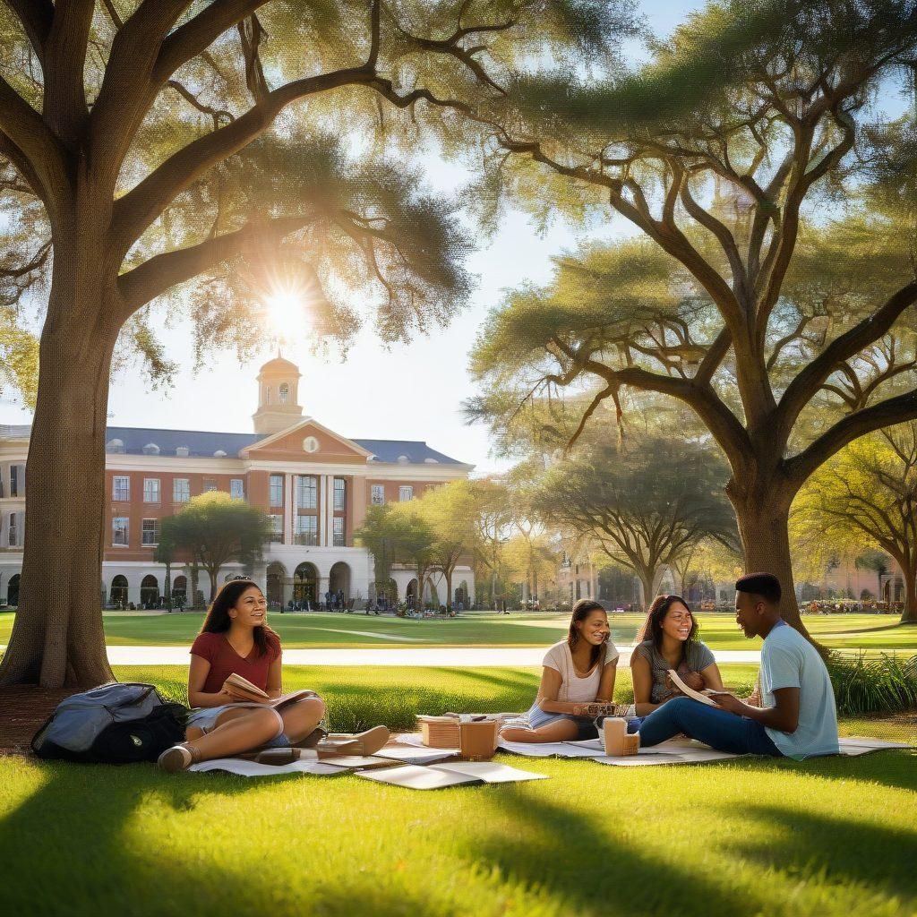 A diverse group of smiling students lounging on the grass of a sunny campus quad, with iconic UCF buildings in the background. Elements of joy like books, coffee cups, and vibrant flowers surround them, creating a sense of community and contentment. Warm sunlight filters through the trees, enhancing the feeling of bliss. cheerful and inviting atmosphere. super-realistic. vibrant colors.