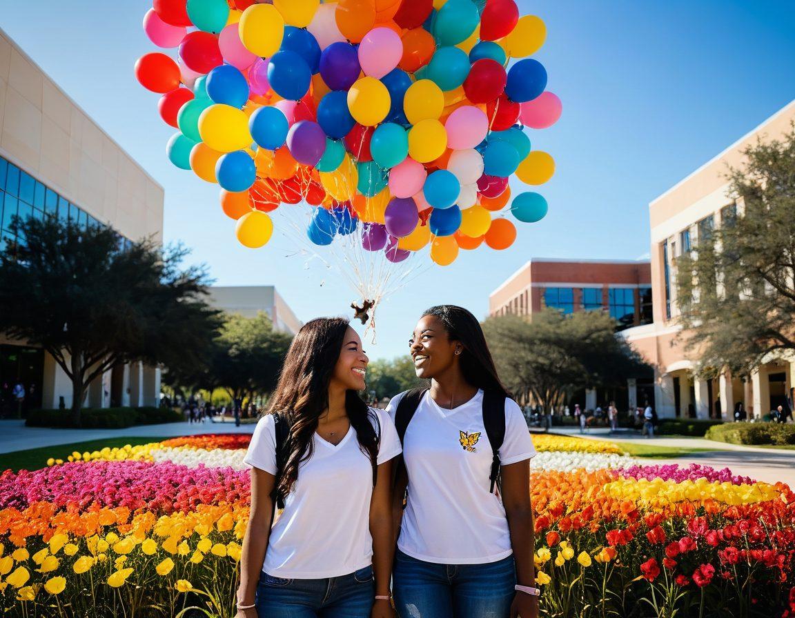 A joyful student surrounded by colorful balloons and books on the campus of UCF, with a radiant sun shining in the background. The atmosphere is filled with laughter and positivity, showcasing iconic UCF landmarks like the Reflecting Pond and the Student Union. Add butterflies and colorful flowers to enhance the feeling of bliss. vibrant colors. super-realistic.